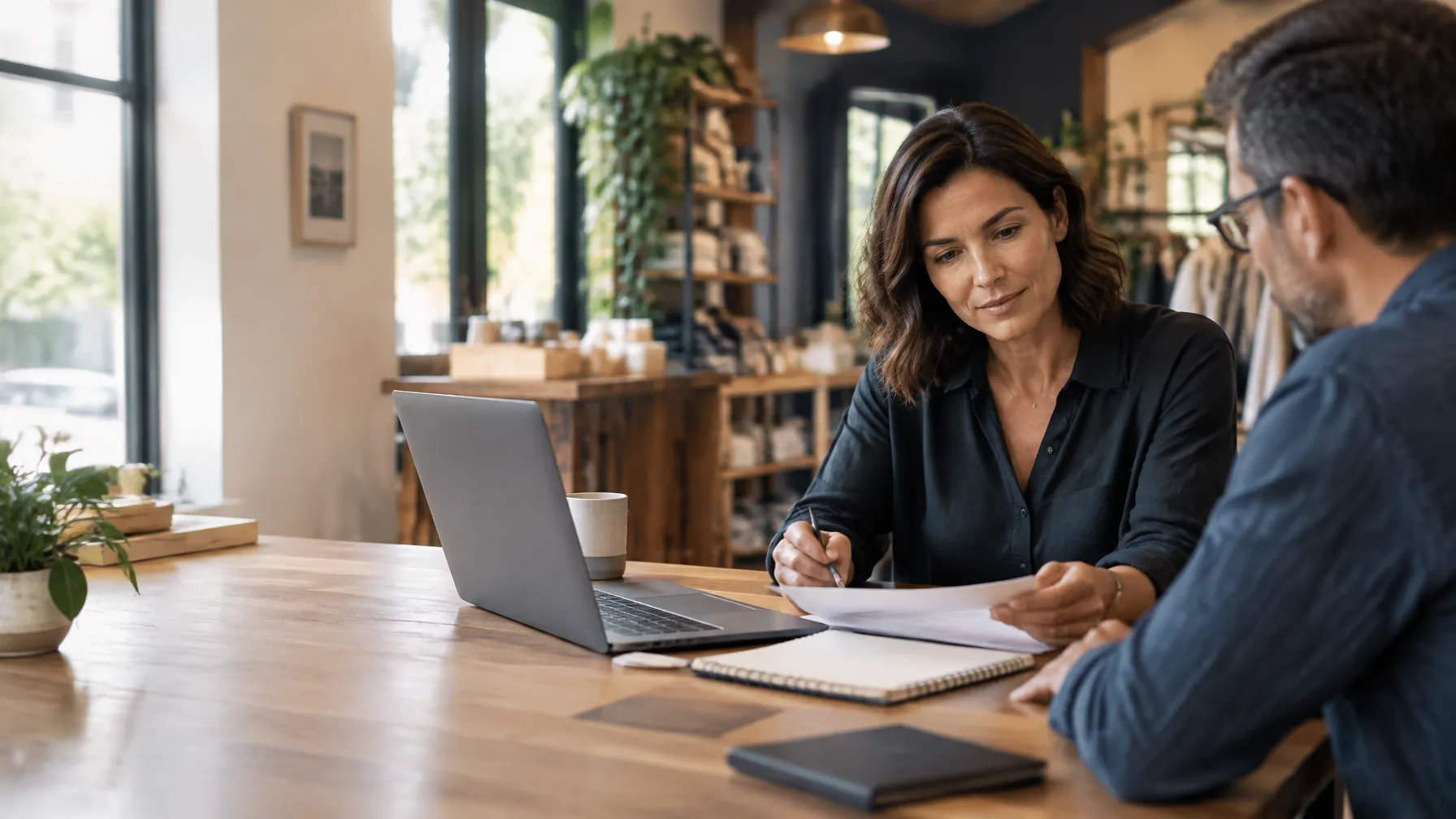 Business owners reviewing a growth plan together in a premium office setting